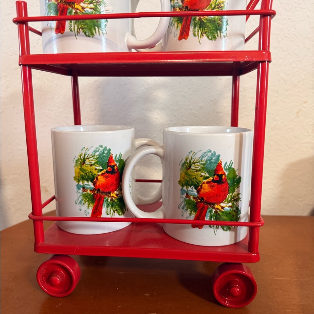 Festive Cardinal Mug Set with Red Stand